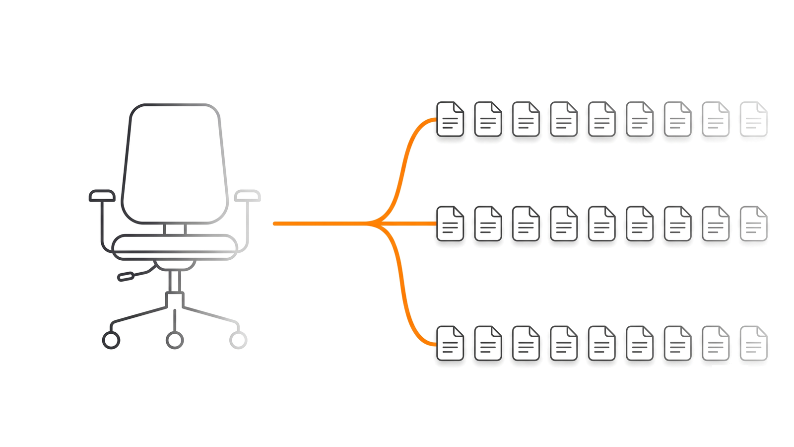 An office chair fading away as a single line branches out into rows of documents, illustrating the shift from paying per seat to paying per use