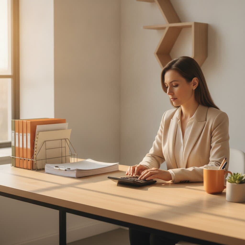 Accountant working with a calculator, paper files, and folders at an organized desk in morning light