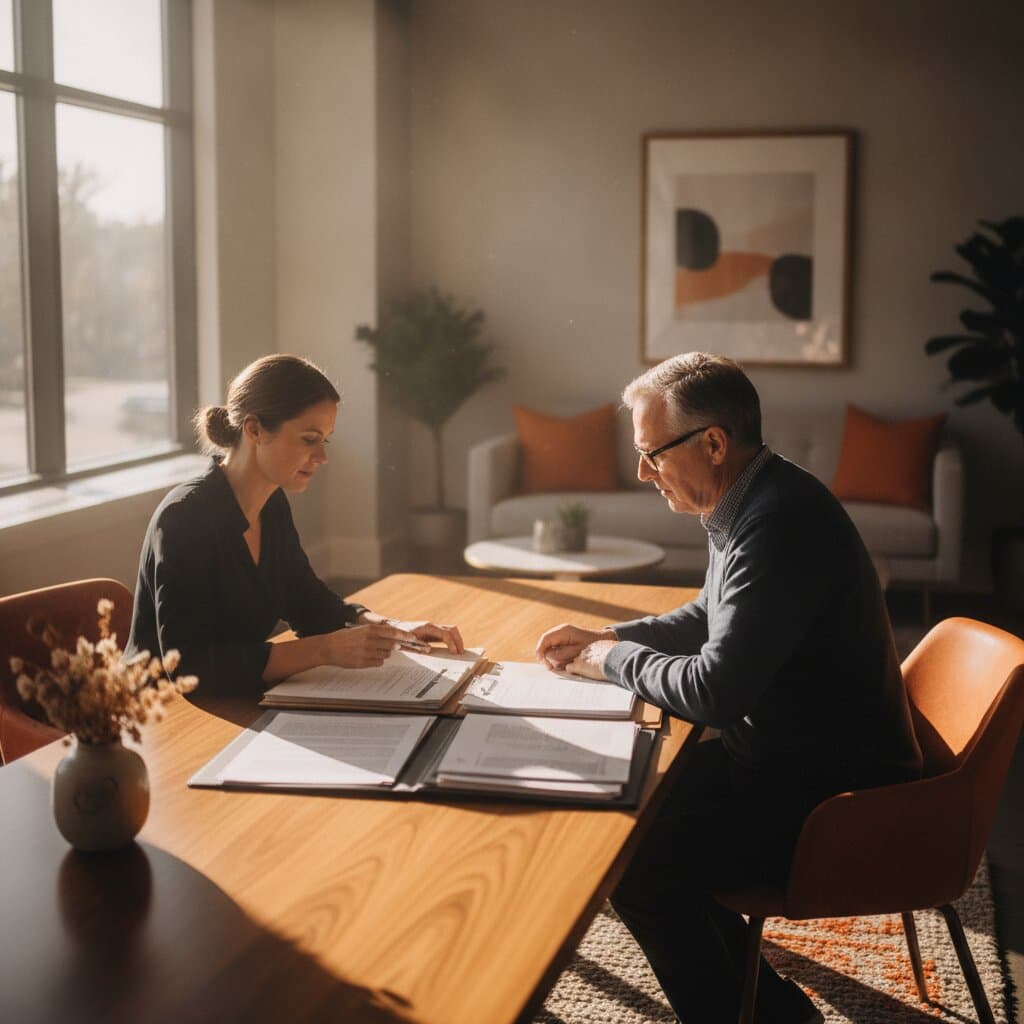 Financial advisor reviewing paper documents with a client at a sunlit office table