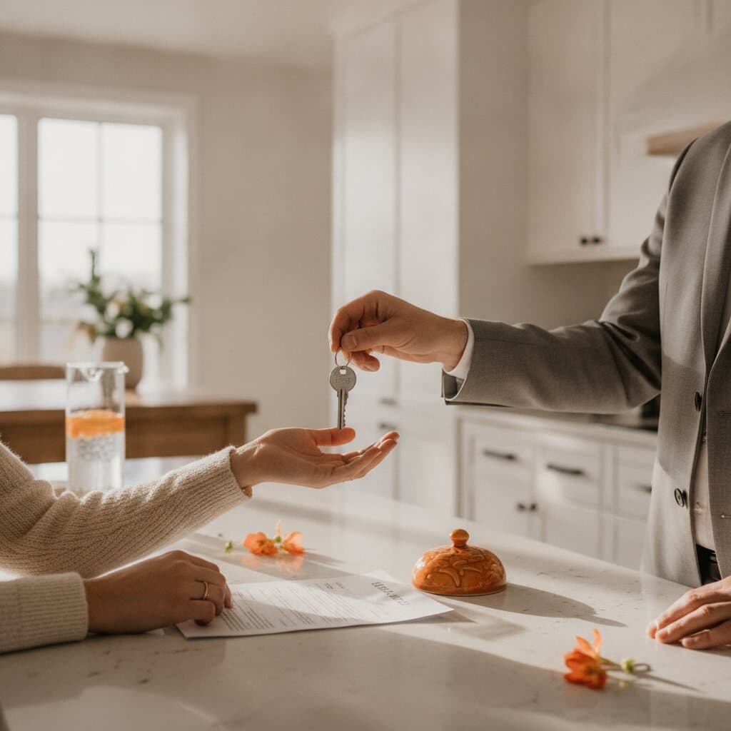 Real estate agent handing house keys across a kitchen counter with a signed document